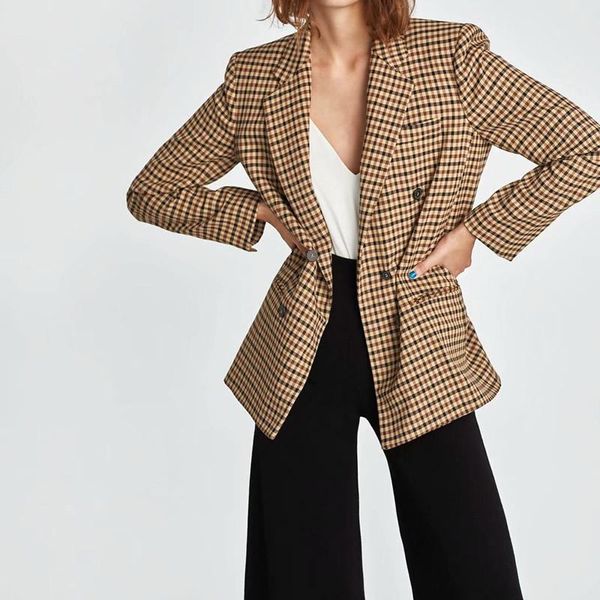 

women's suits & blazers office ladies notched collar plaid women blazer classic double breasted autumn winter jacket 2021 casual female, White;black