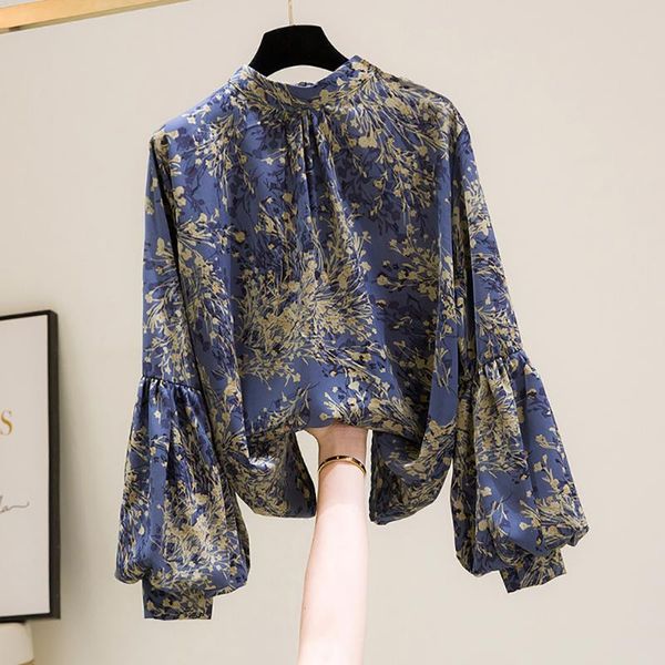 

women's blouses & shirts fashion elegant flower print office lady chiffon women casual loose long sleeve half high collar autumn spring, White