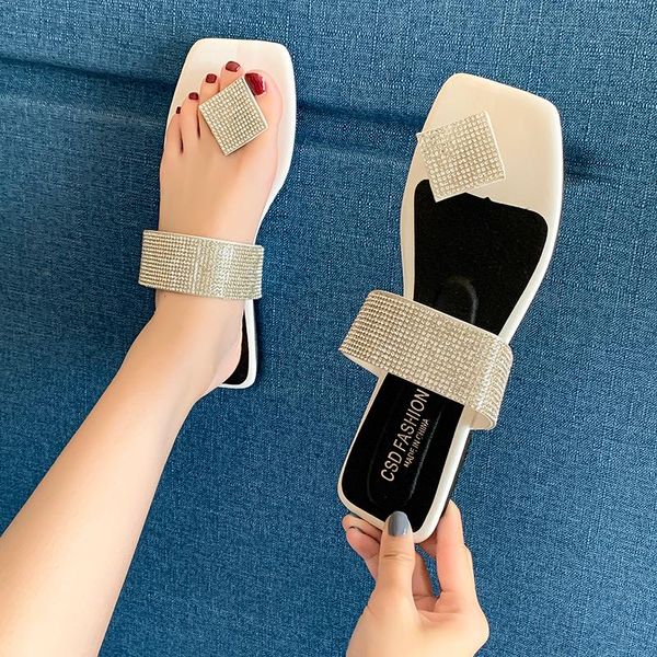 

slippers square head clip toe summer beach flip flops female soft sole rhinestone slides drop flat heels crystal women, Black
