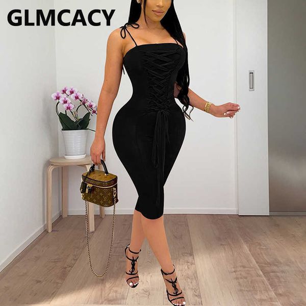 

spaghetti strap lace up front slim bodycon midi dress 210702, Black;gray