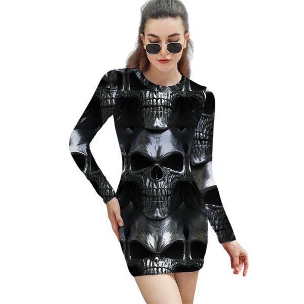 

casual dresses halloween gothic skeleton print mini dress 2021 women's one-piece short skirt bag hip long-sleeved spring, Black;gray
