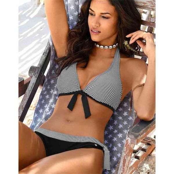 

micro striped bikini set two-piece swimsuit patchwork bandage push up bathing suit women swimwear biquini s 210702, White;black