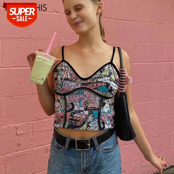 

wannathis cartoon print camisole women sleeve patchwork summer v-neck fashion spaghetti strap crop women print casual #ld3b, White