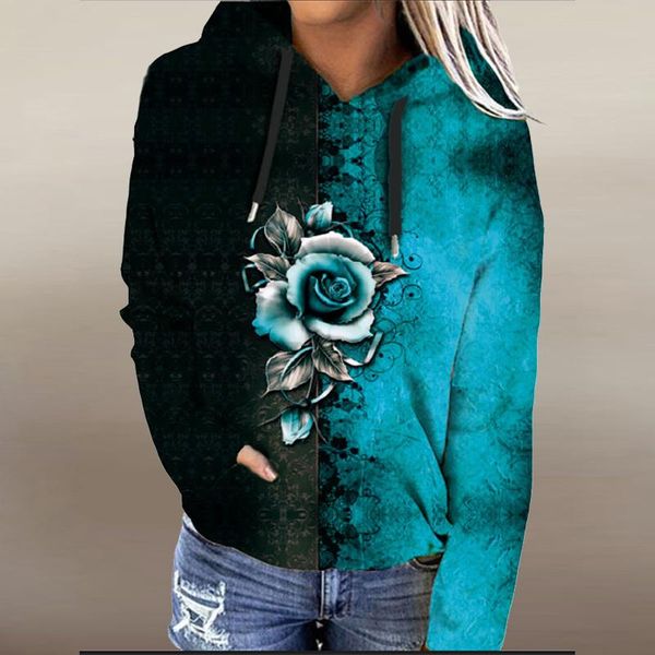 

women's hoodies & sweatshirts fashion street drawstring sweatshirt women autumn winter rose print warm hooded casual loose long-sleeve, Black