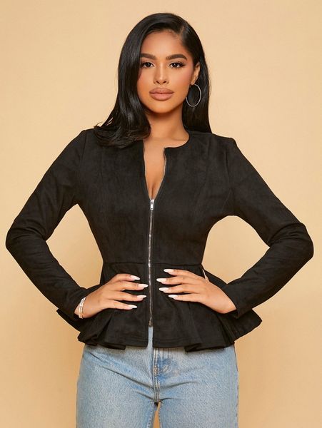 

petite zip up peplum jacket t5vy#, Black;brown