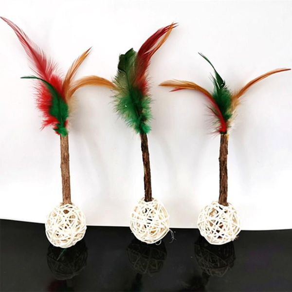 

cat toys ball toy interactive play woven chew rope weave feather rattan bell sound toy.