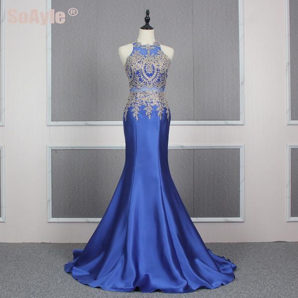 

party dresses soayle royal blue evening dress high-end o neck mermaid sleeveless gold lace appliques vestido de festa, White;black