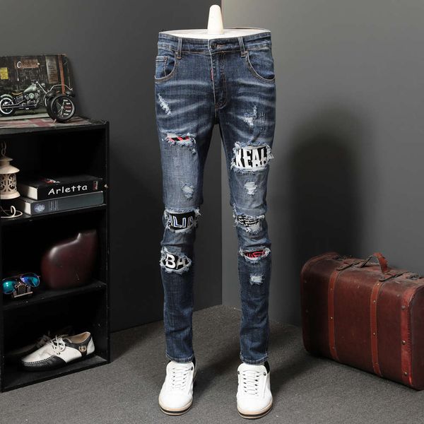 

autumn and winter big hole patch personalized stretch jeans men's casual small foot slim fashion brand beggars pants, Blue