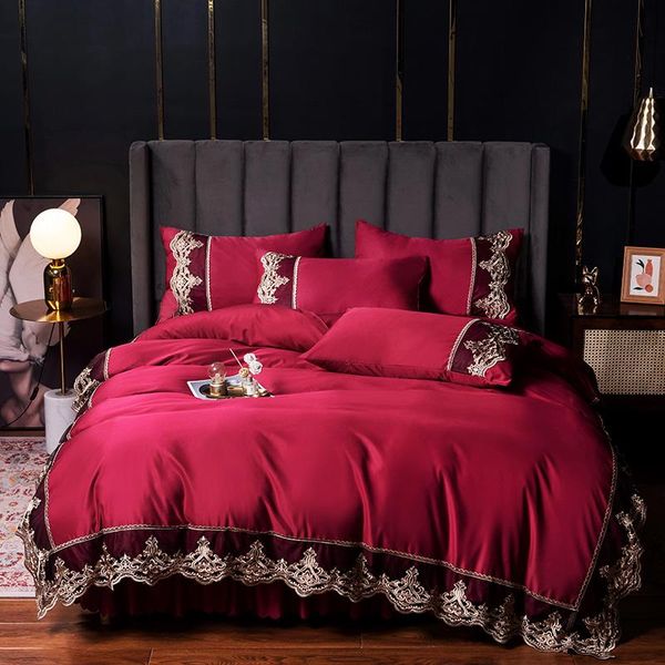 

washed silk 4pcs set spring and summer new product lace embroidery duvet cover bed skirt bed sheet pillowcase ice silk 4pcs set