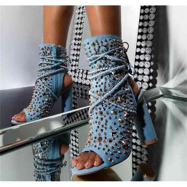 

boots dipsloot will see blue light jeans rivets slings boots short women chunky heels peep toe spikes lace up ankle sgdf, Black