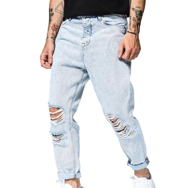 

men's pants men wide legs jeans ripped loose denim zip up casual long trousers bottoms, Black