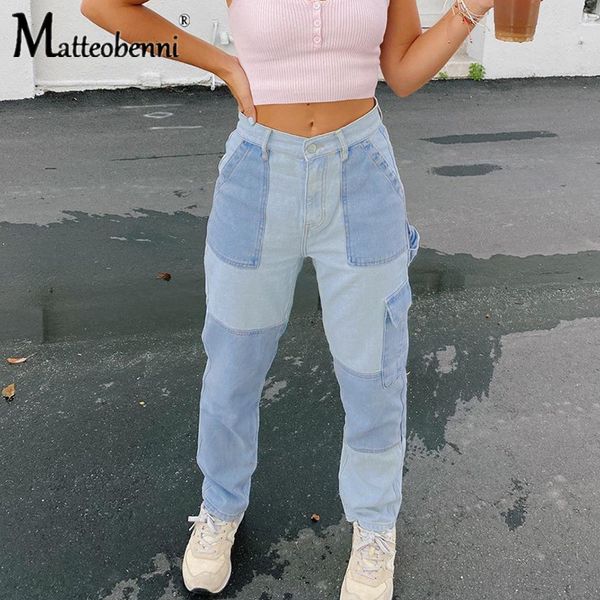

2021 new casual blue high waist denim pants patchwork women jeans fashion pockets long straight trousers ladies streetwear autumn x85i