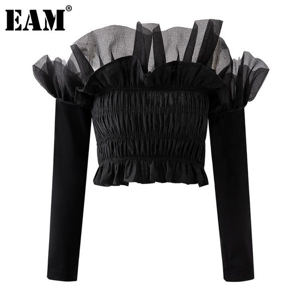 

women's t-shirt [eam] women black casual elastic ruffles mash pleated slash neck long sleeve fashion tide spring summer 2021 1dd9082, White