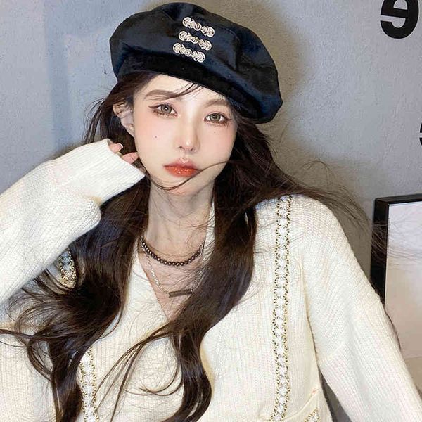 

minority design velvet metal decorative beret female spring and autumn painter's hat british newspaper children's, Blue;gray