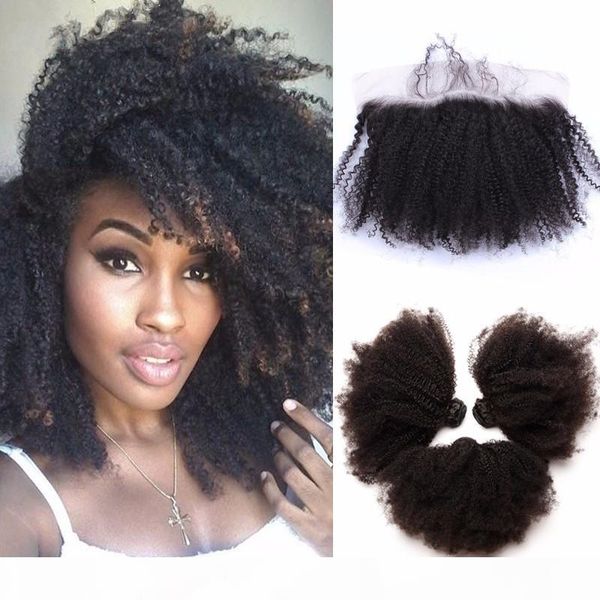 

mongolian kinky curly virgin hair with closure 3 bundles with lace frontal closure human hair afro kinky curly with ear to ear frontals, Black