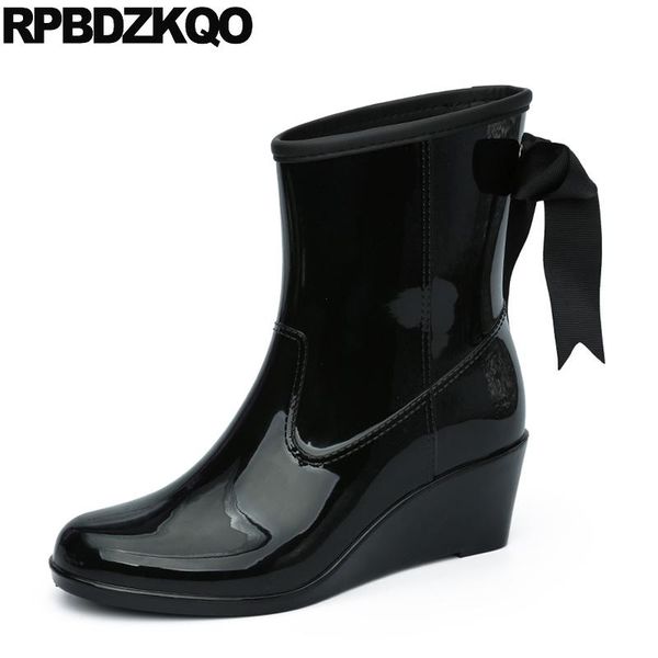 

boots women winter rainboots shoes bow ankle rain wedge black fashion waterproof pvc medium heel slip on fur ladies chinese