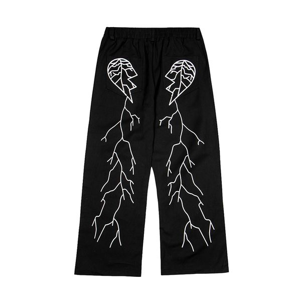 

men's pants harajuku lightning love imprints pockets leg casual pants for man and woman elastic waist style vibe streetwear loose hklo, Black