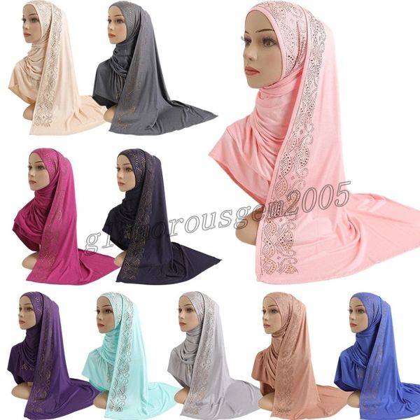 

cotton jersey muslim hijab women solid color headscarf islamic long scarf shawl rhinestone malaysia bandanas pashmina head wrap, Blue;gray