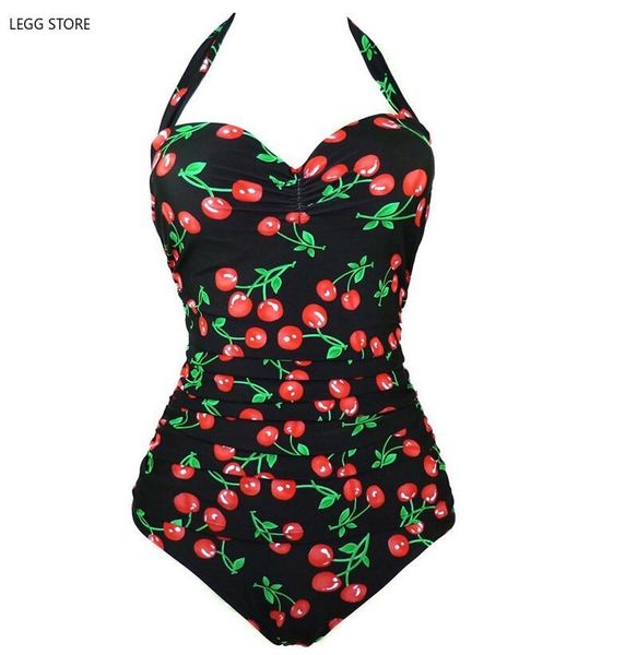 

2021 summer swimwear vintage floral print monokini cherry swimsuit halter push up one piece bathing suit plus size xxxl