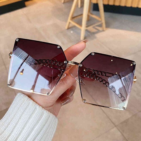 

rivet rimless sun glasses for women fashion summer square vintage alloy chain frame rivet sun glasses female shades, White;black