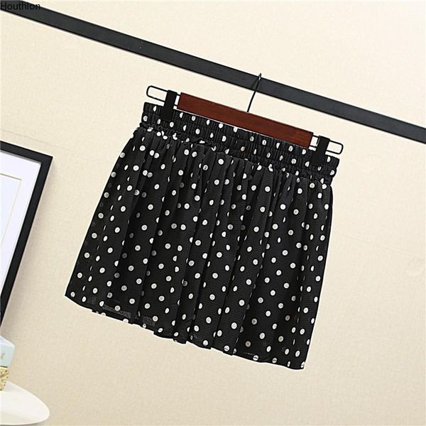 

skirts houthion chiffon short skirt casual fashion high waist loose plus size elastic dots women's clothing summer, Black
