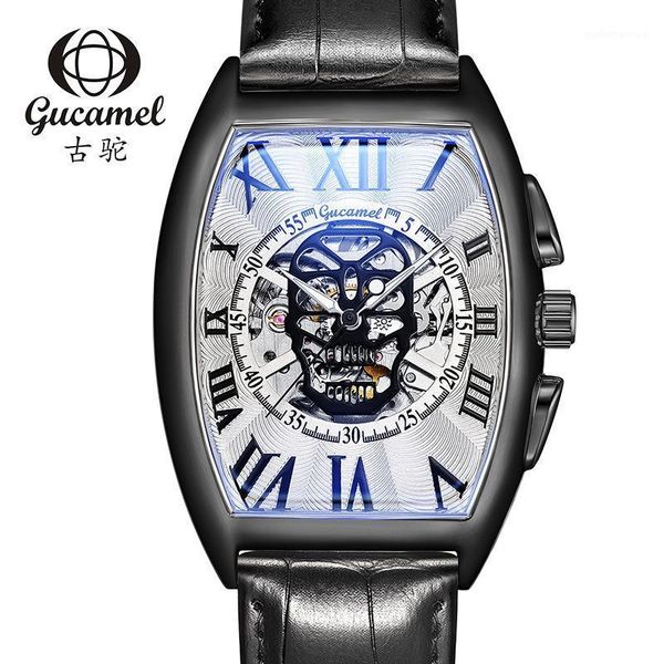 

transparent fashion men watch skull mechanical skeleton gear movement royal design vintage male wrist wristwatches, Slivery;brown