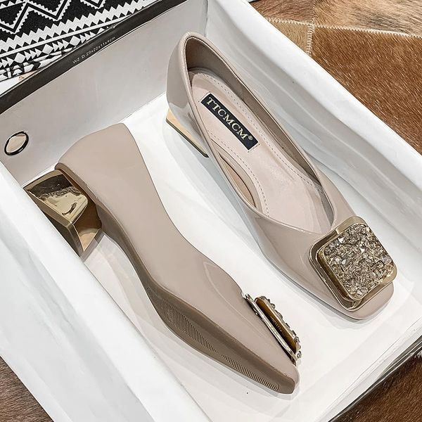 

dress shoes square heel single women with 2021 spring and autumn style patent leather red head shallow mouth thick ladle, Black