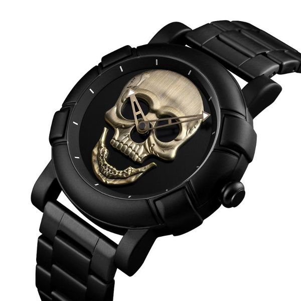 

wristwatches laser engraved skull watch for men 5 color cool luxury men's quartz skeleton pattern male wristwatch with stainless steel, Slivery;brown