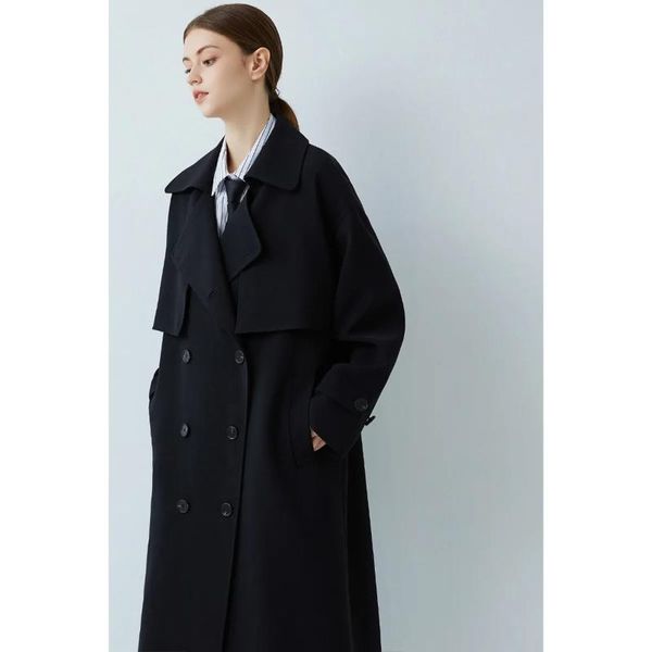 

women's trench coats women elegant windbreaker 2021 autumn winter coat double breasted office collar warm with belt, Tan;black