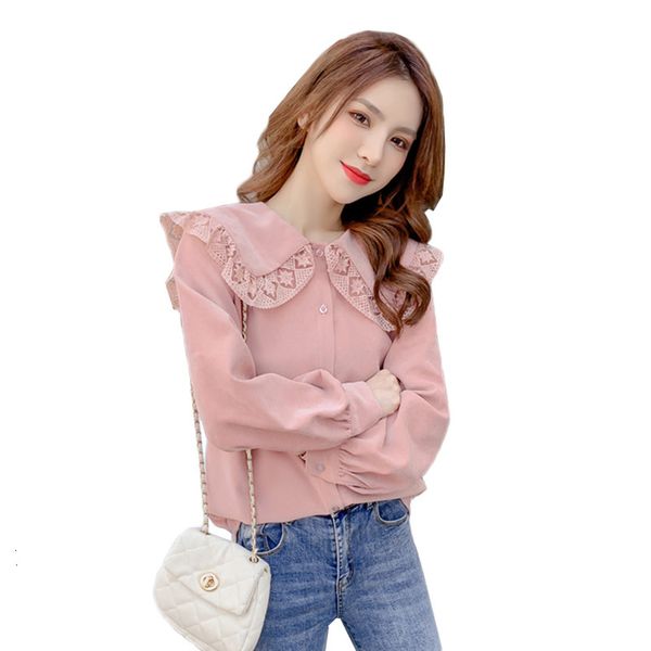 

2021 women blouse new spring autumn long sleeve doll collar chiffon shirts girl leisure lace patchwork elegant mujer y113 k7xw, White