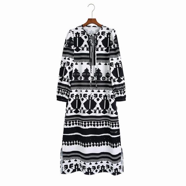 

casual dresses stylish women dress autumn 2021 fashion full sleeve black white prints pattern vintage long vestido, Black;gray
