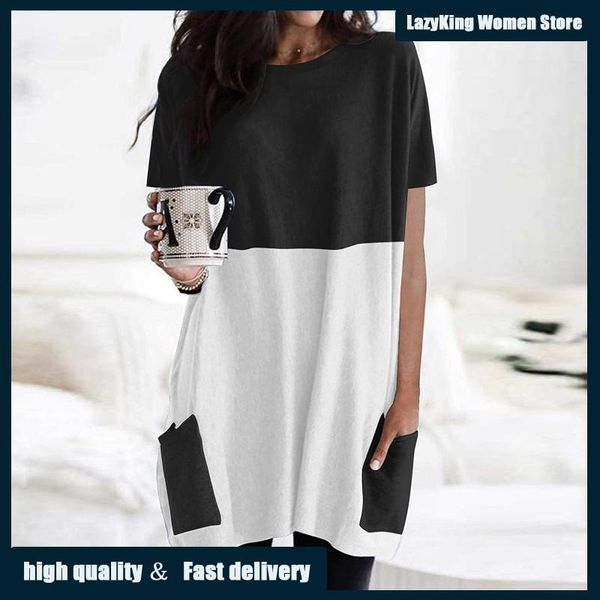

women's t-shirt home outing casual solid color stitching pocket loose fashion womens splicing colors round-neck pockets, White