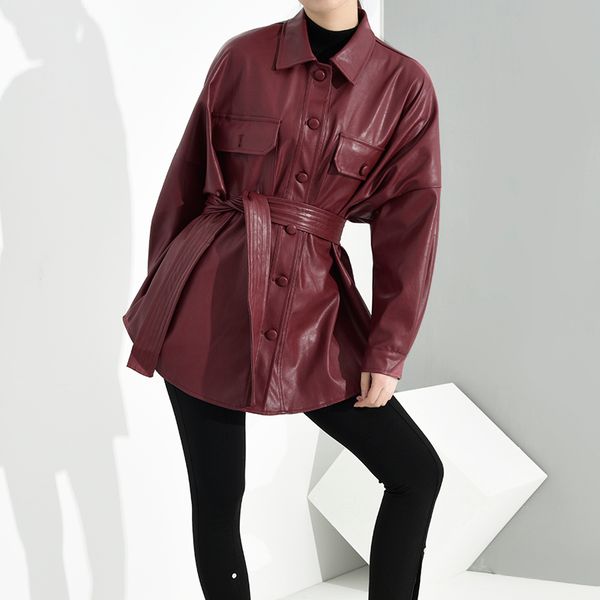 

2021 spring new motor storm wine red full sleeves single breasted plus size pu leather jacket ladies coats wh, Black;brown