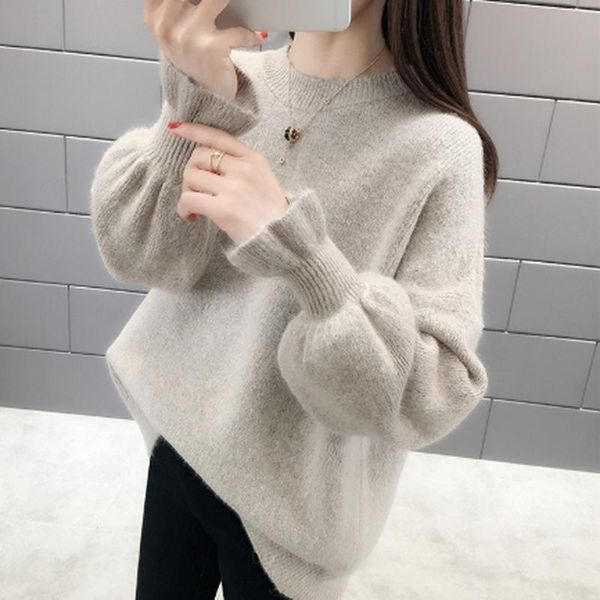 

2021 autumn winter korean women sweater casual o neck solid knitted pullover loose flare sleeve elegant sweaters women, White;black