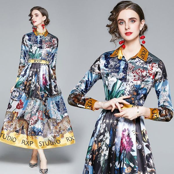 

casual dresses spring and autumn women's fashion print big pleated long-sleeved lapel dress, Black;gray