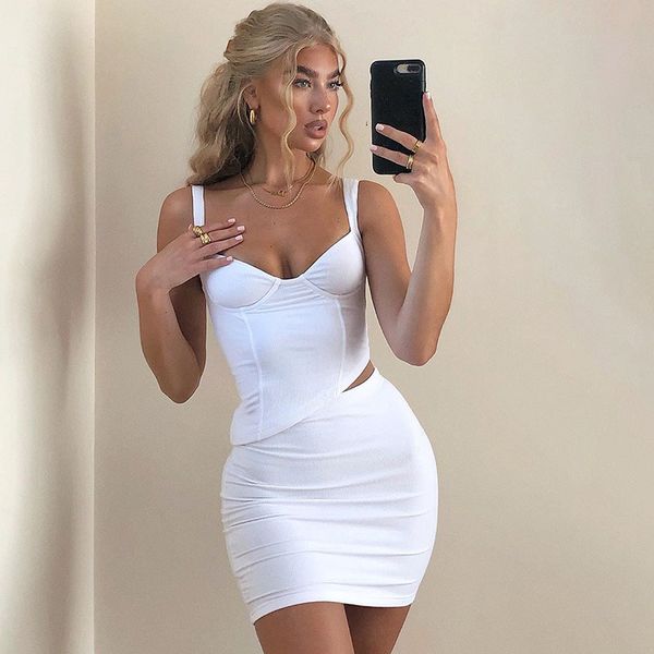 

white ribbed 2 piece set corset crop and mini skirt club outfits for women asymmetric bodycon dress c69-ca23