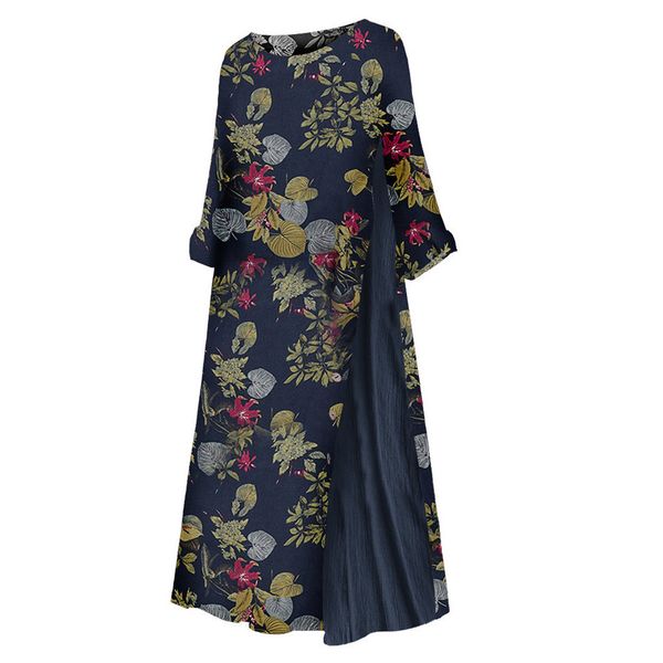 

women fall dresses plus size 2021 new fashion vintage print floral patch dress 3/4 sleeve o-neck loose maxi summer dress, Black;gray