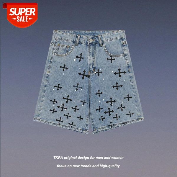 

tkpa american street vibe style jeans do old wash splash ink cross stitching shorts for men and women #934n, Blue
