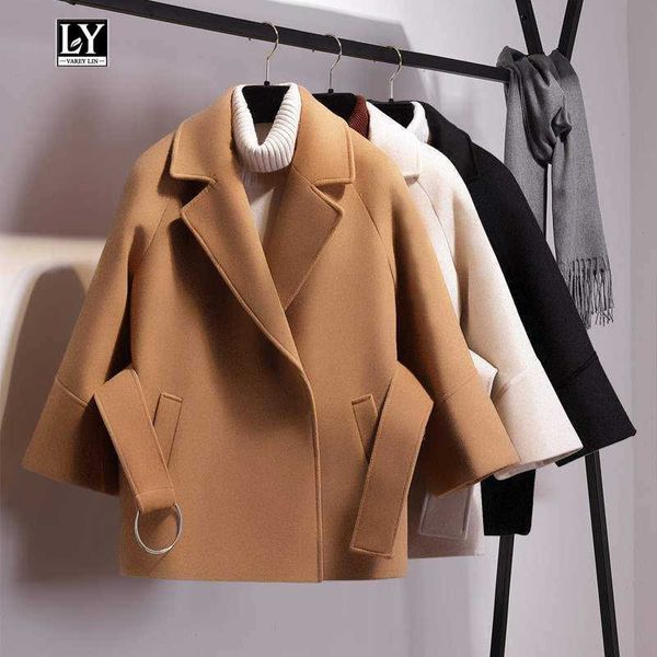 Ly Varey Lin Женщины короткие шерстяные пальто ремень куртка поворотный воротник повседневная свободная траншея пальто женские плюс размер верхней одежды 210526
