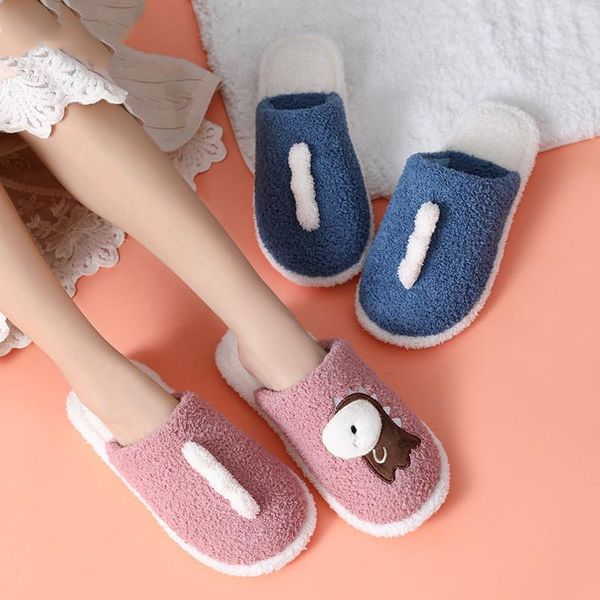 

slippers women home hairy cozy cartoon soft fluffy warm shoes couple floor slides christmas gift short plush cotton, Black