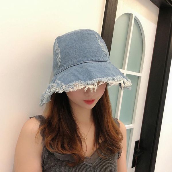 

wide brim hats bucket denim hat fisherman panama outdoor women sun hip hop summer beach cap for woman 2021 whisker fishing, Blue;gray