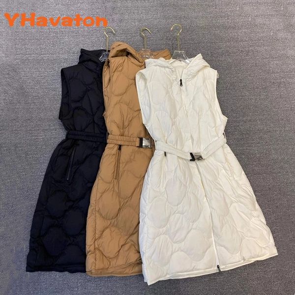 

women's long down jacket fashion zipper 90% white duck down cushion hooded sleeveless vest with belt casual coat, Black