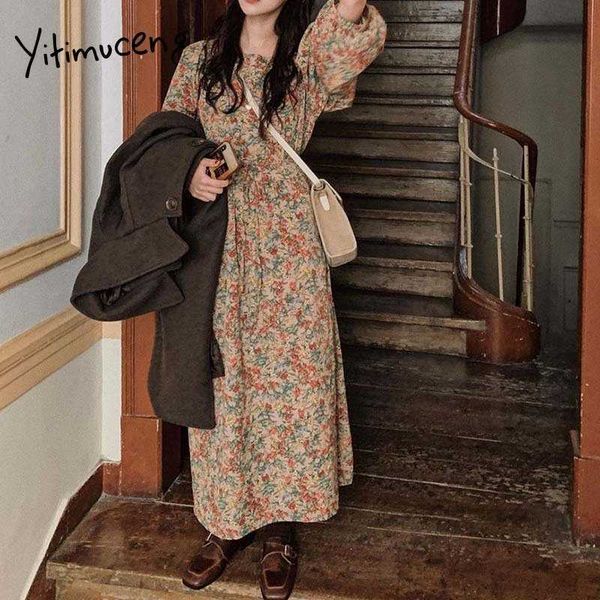 

yitimuceng vintage floral print dress women chiffon midi puff sleeve high waist spring summer boho dresses fashion 210601, Black;gray