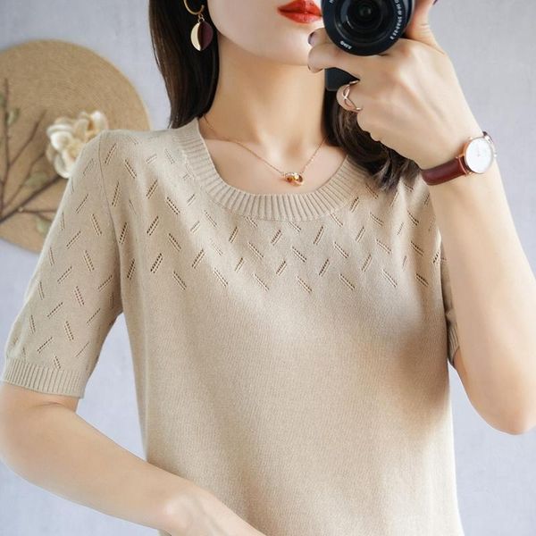

women's t-shirt summer o-neck short-sleeved sweaters ladies pure cotton knitted hollow pullover tees solid color mix and match t-shirts, White