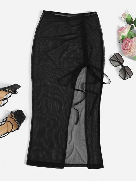 

plus split thigh mesh skirt a6xr#, Black