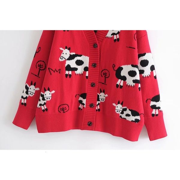 

2021 new red cow print knitted coat women animal cardigan sprint outwear cute jacket jvua, White