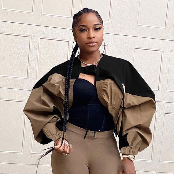 

streetwear patchwork buckle winter jacket women smock cardigan fashion cropped coat autumn jackets outwear party, Black;brown