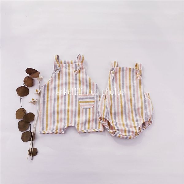 

enkelibb linen summer brand design baby boys rainbow romper brother sister matching clothes sleeveless blaysuit 210309, Blue
