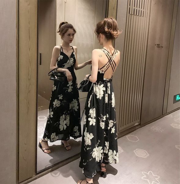 

korean beach women chiffon dress elegant spaghetti strap long maxi vestidos vintage bckless print floral dresses, Black;gray