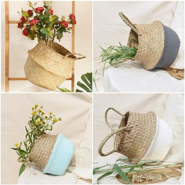 

in stock folding basket flower vases for home decor seaweed wicker basket rattan hanging flowerpot flowerpot